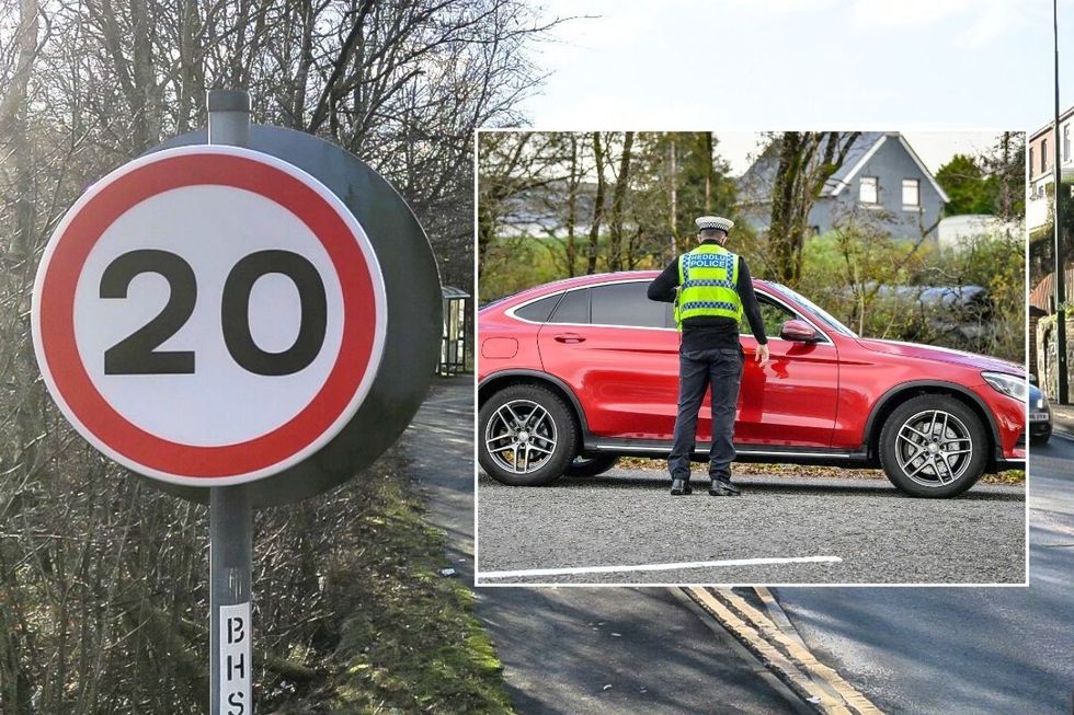 A 20mph speed limit sign and a police officer pulling a car over