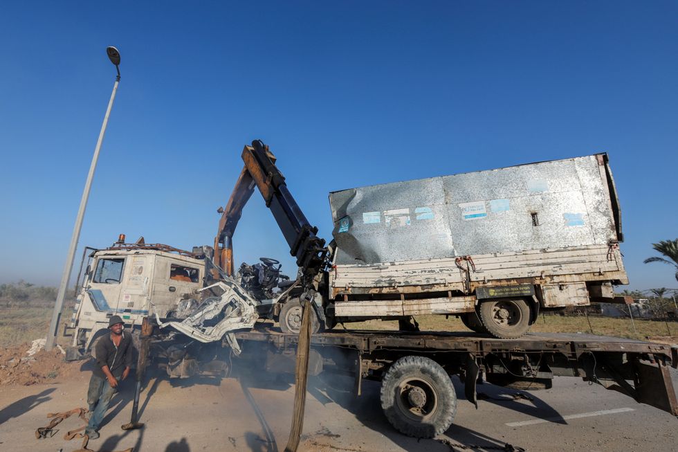 A bombed out UNRWA-labelled vehicle