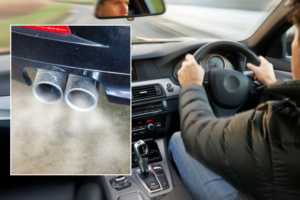 A car exhaust and a man driving a car