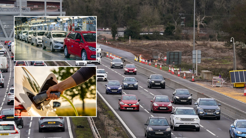 A car production line, an electric vehicle charger and a busy road