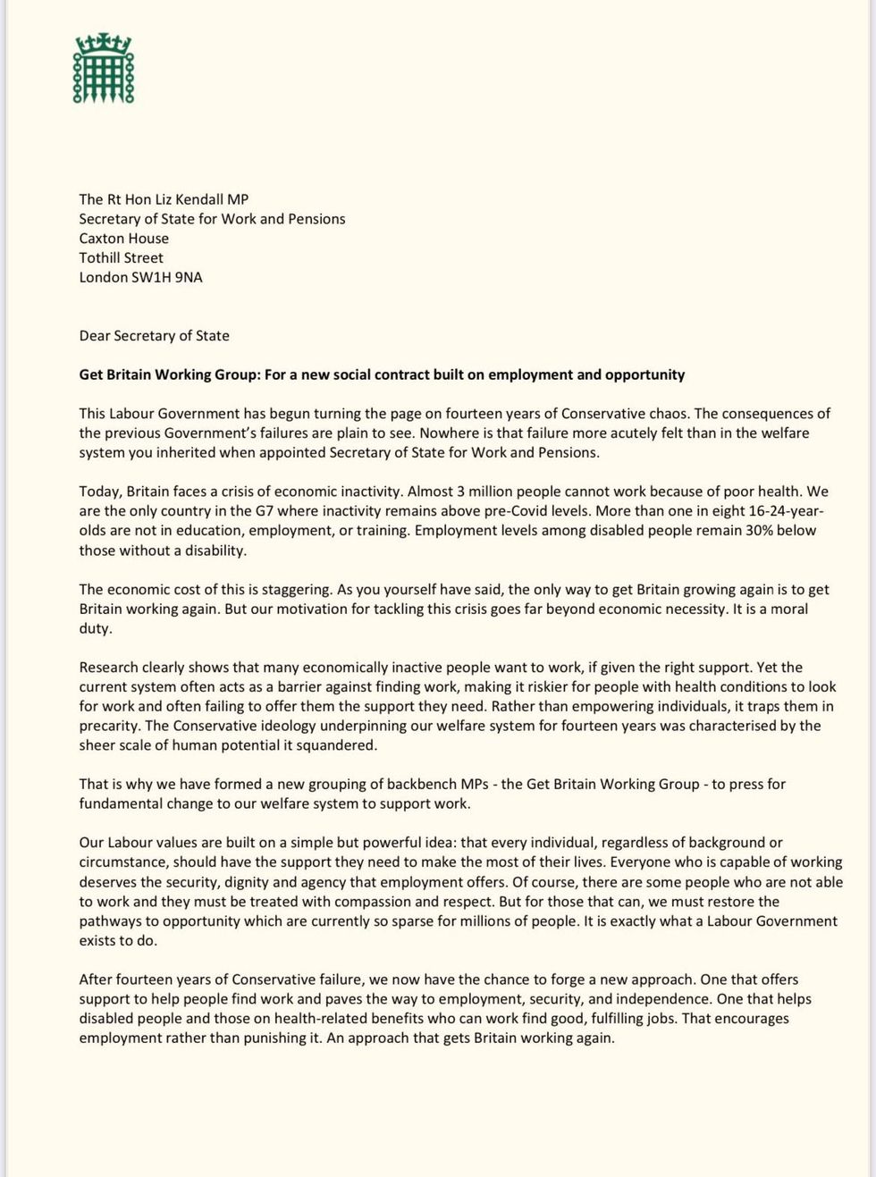 A copy of the supportive letter sent to Liz Kendall