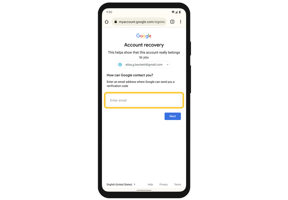 a demo image showing where users should input the google account recovery code