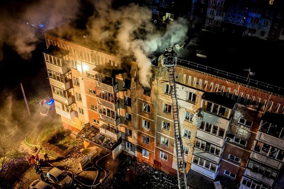 A drone view shows an apartment building hit by a Russian drone strike, amid Russia's attack on Ukraine, in Ternopil, Ukraineu200b