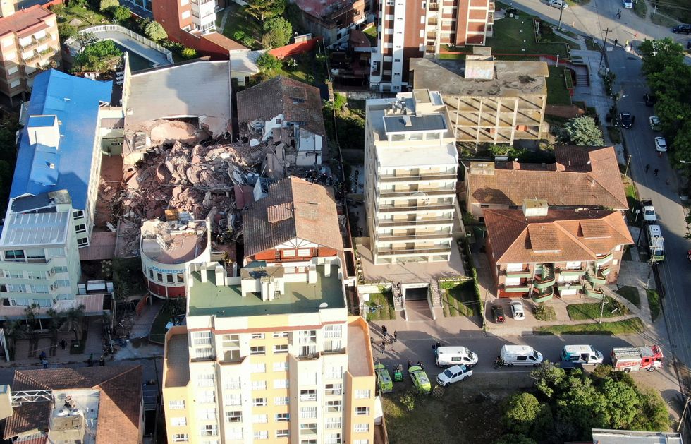 A drone view shows the remains of the hotel Dubrovnik