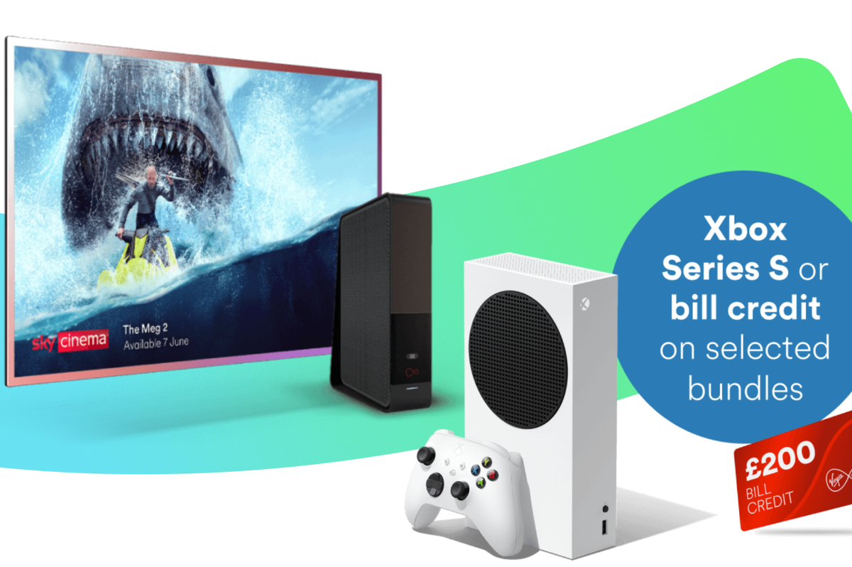 a flatscreen tv showing the meg 2 film on sky cinema pictured next to an xbox series s console and a credit card with ps200 bill credit on a colourful background  