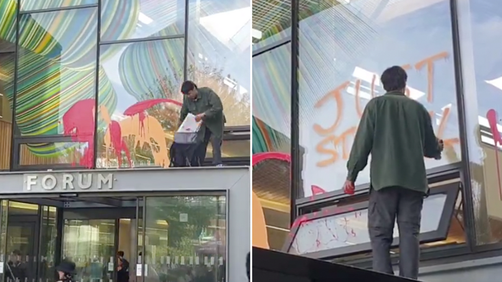 A Just Stop Oil protester makes his feelings known at Exeter University