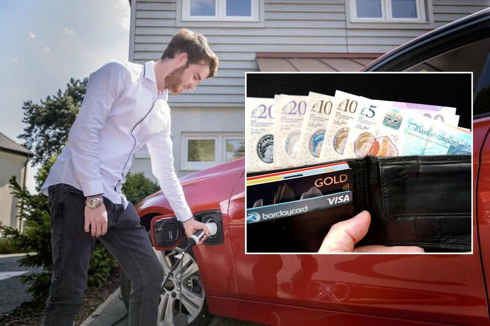 A man charging an electric car at home and a wallet of UK cash