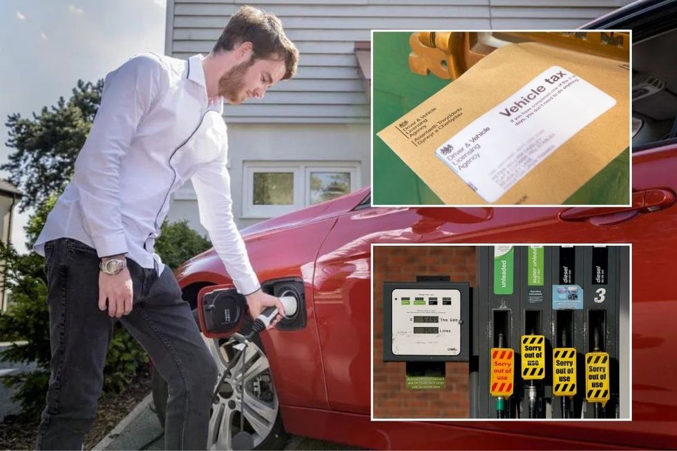 A man charging an electric vehicle, a car tax reminder letter from the DVLA and an empty fuel pump