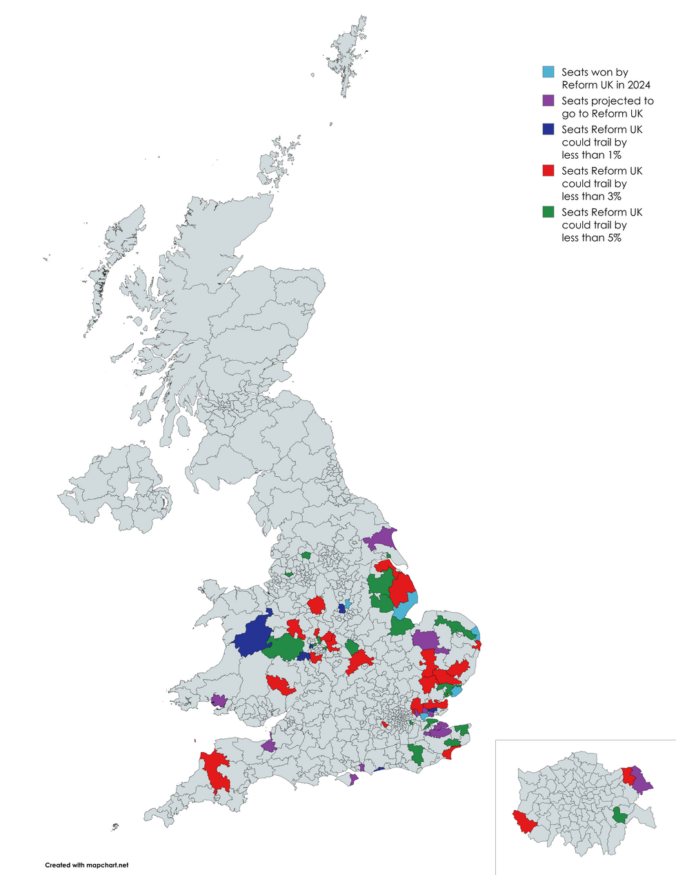 A map of Reform UK's main targets following We Think's poll