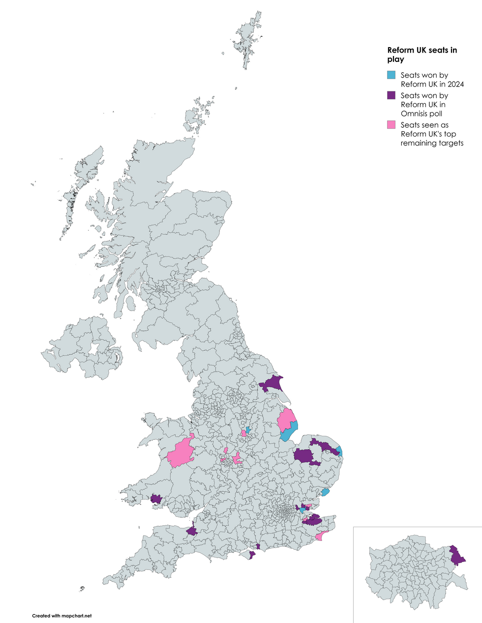 A map of the main Reform UK seats to watch