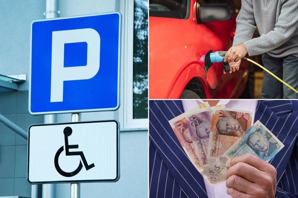 A parking sign, an electric car charging and a man holding UK money