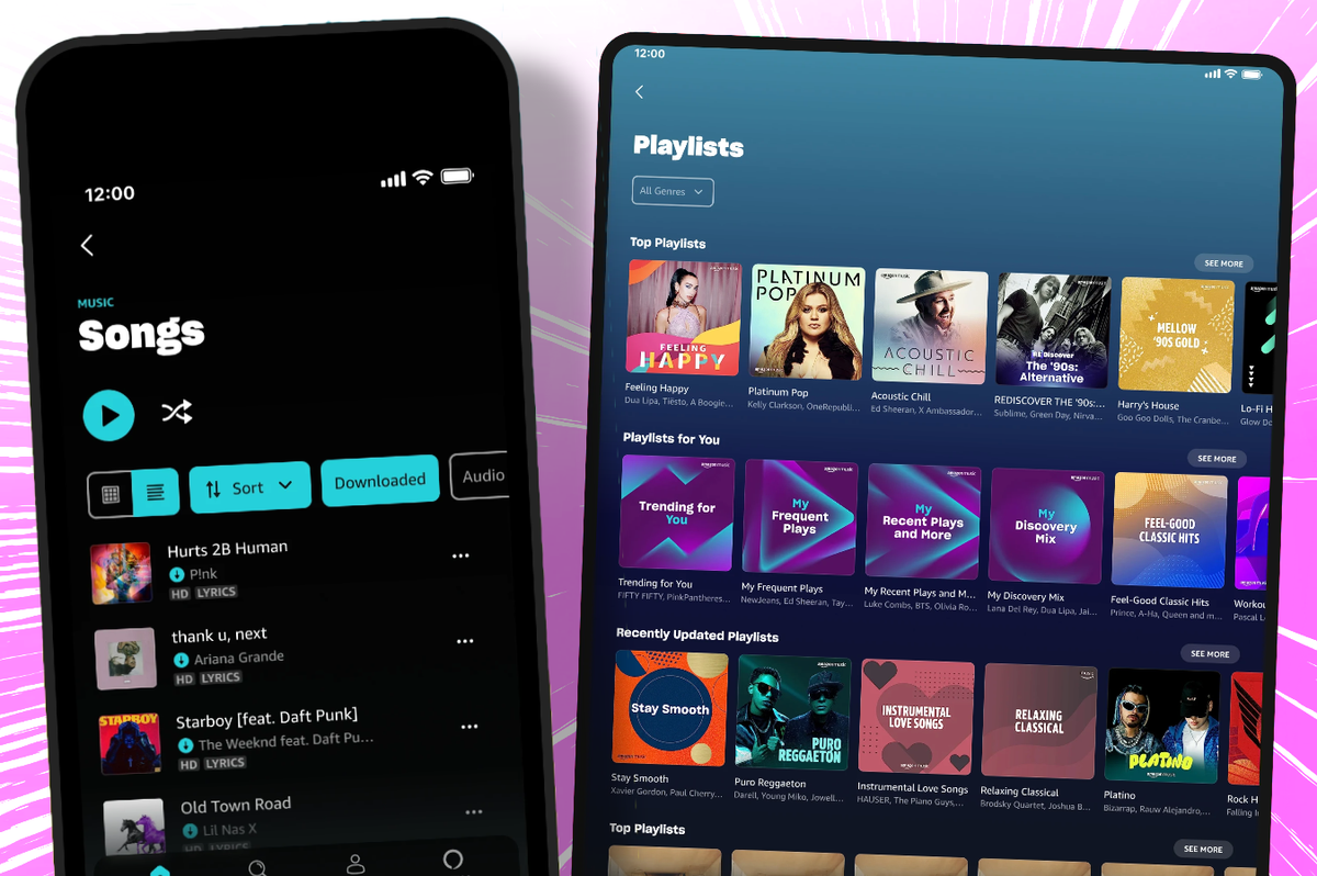 a phone and tablet with amazon music unlimited on-screen with a colourful background 