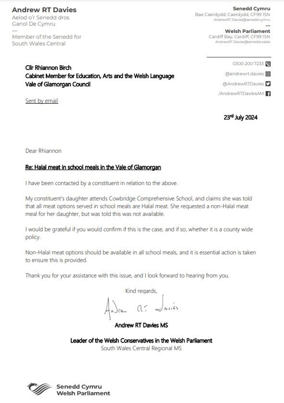 A picture of Andrew RT Davies' letter to Cllr Birch