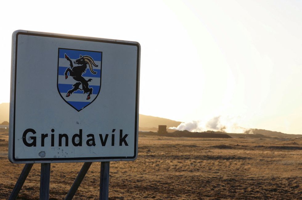 A sign of the village of Grindavik, which was evacuated due to volcanic activity