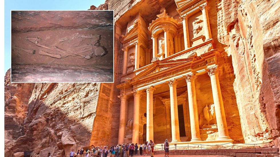 A skeleton and The Treasury in Petra