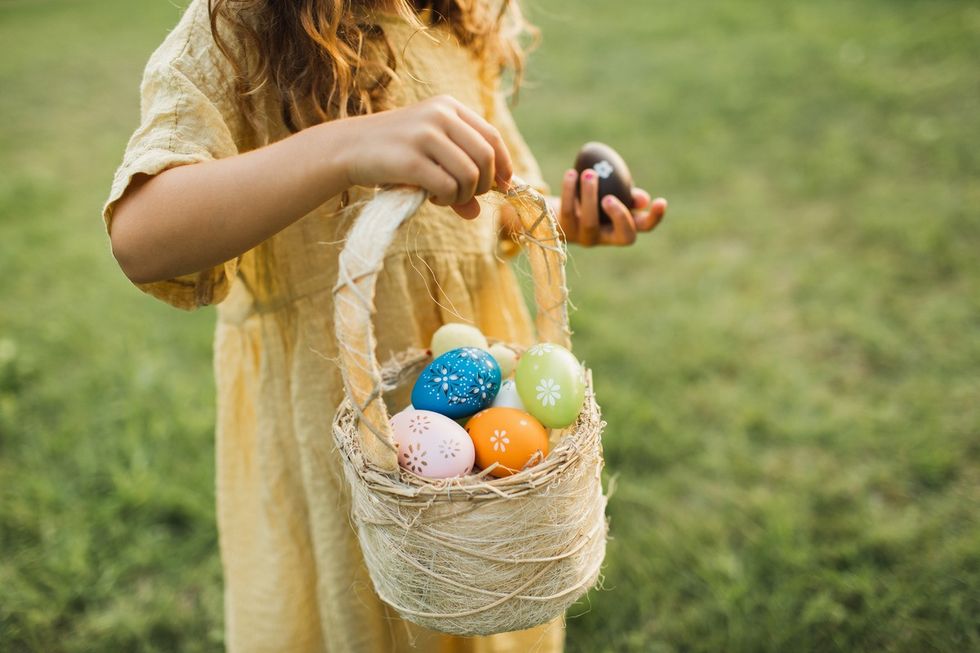 A stock image of a girl collecting Easter eggs