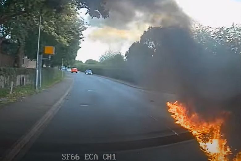 Cambridge news: Horror moment motorbike erupts into huge fireball after  colliding with car