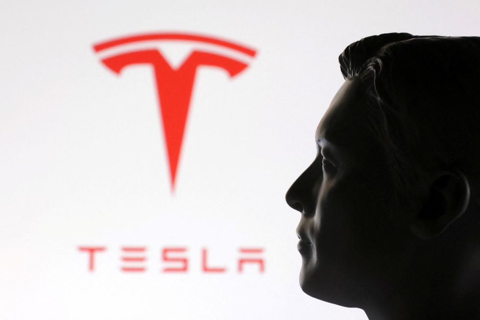 A Tesla logo and a figure of Elon Musk