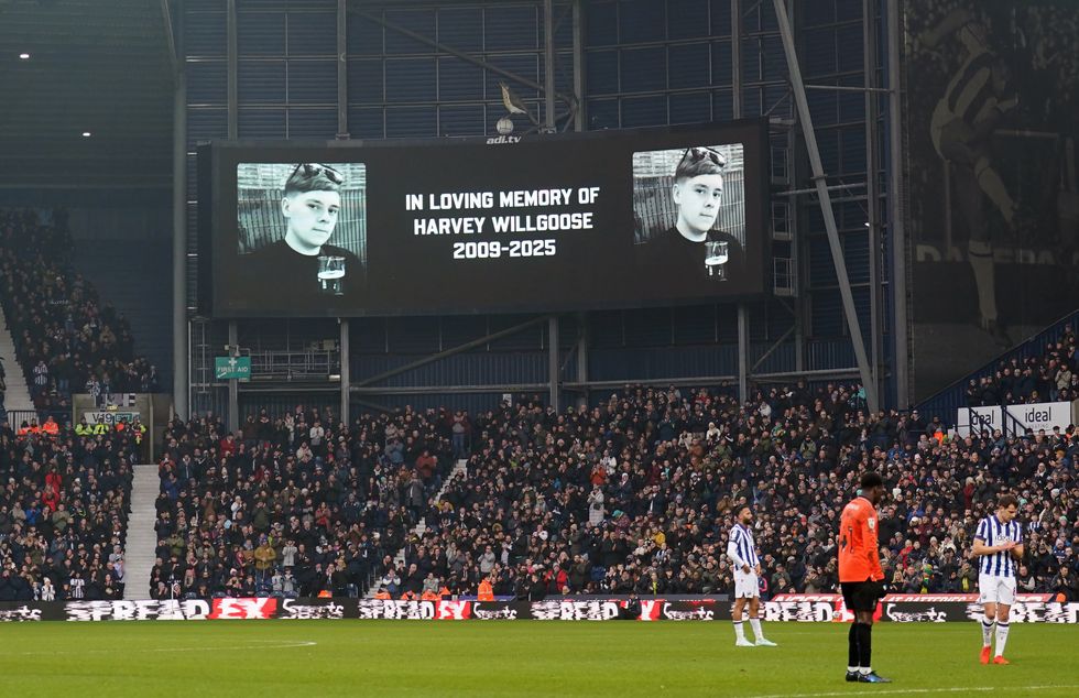 A tribute on the stadiums big screen to 15-year-old Harvey Willgoose, who was stabbed to death at All Saints Catholic High School in Sheffield on Monday, during the Sky Bet Championship match at Bramall Lane, Sheffield