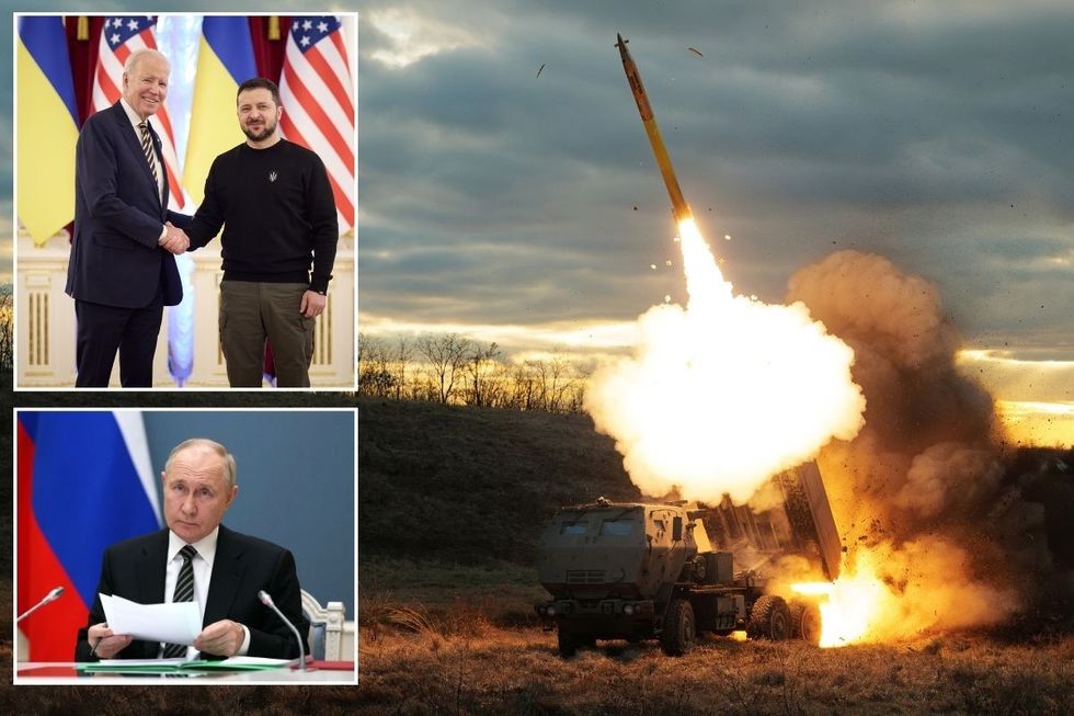 A Ukrainian missile being launched with pictures of Zelensky, Biden and Putin