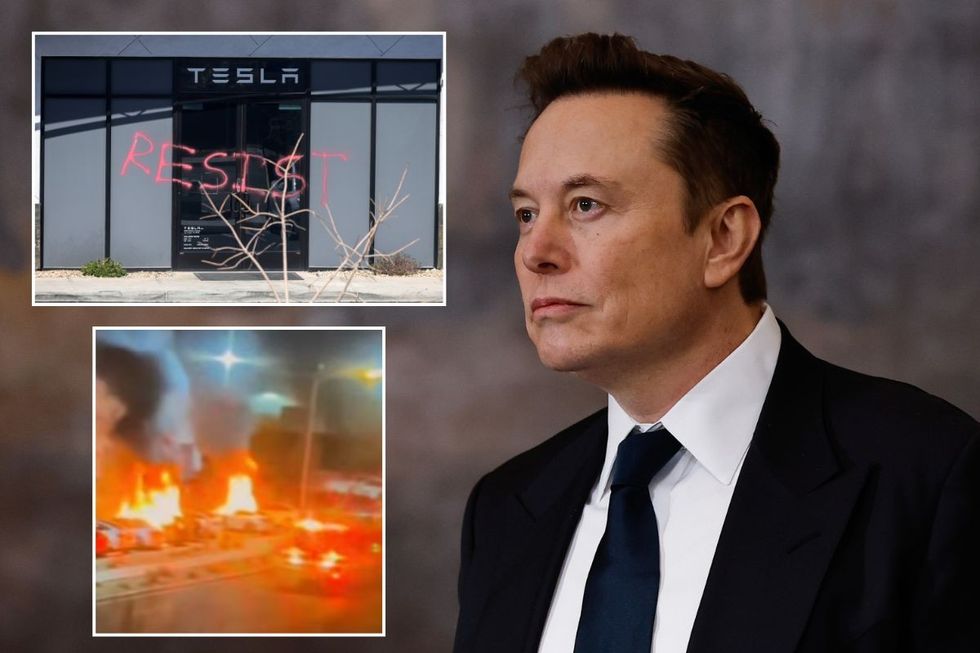 A vandalised Tesla dealership, Elon Musk and a burning Tesla