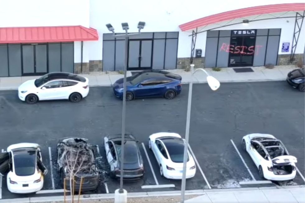 A vandalised Tesla dealership