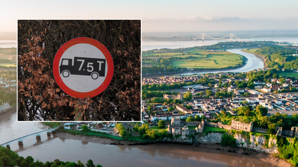 A vehicle weight restriction sign and an aerial shot of Newport