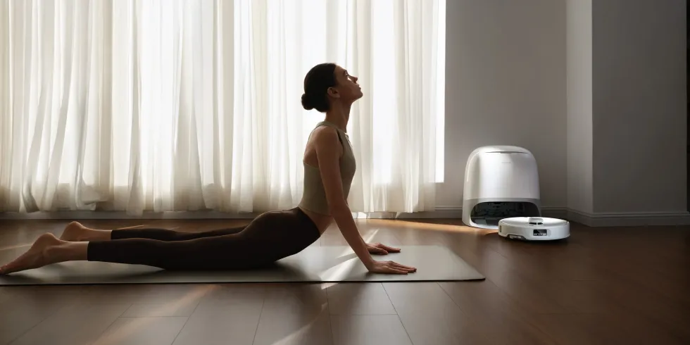 a woman does yoga next to the roborock Qrevo Curv leaving its charging stand