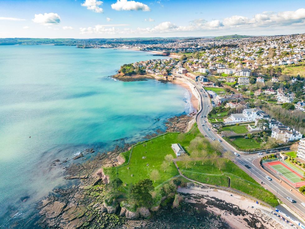 Aerial view of the Corbyn Head coast in Torquay, UK