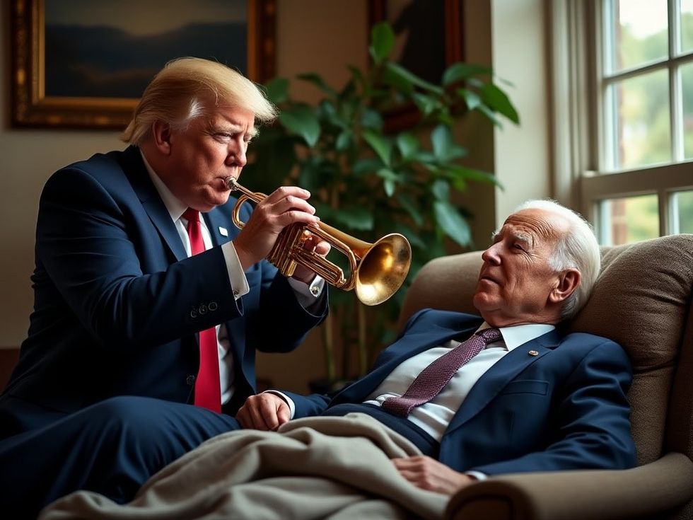 ai generated image of donald trump playing the trumpet for a sleeping joe biden