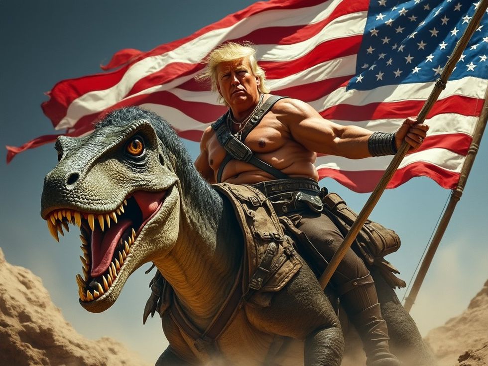 ai generated image of donald trump riding a dinosaur