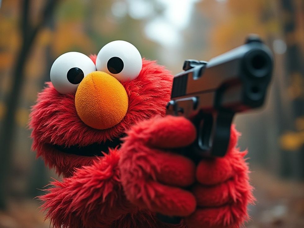 ai generated image of elmo from sesame street holding a handgun