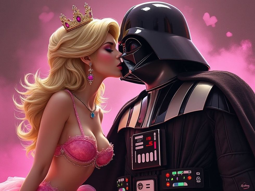 ai generated image of princess peach from super mario kissing darth vadar