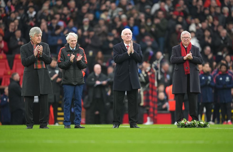 Alex Ferguson with Brian Kidd, Paddy Crerand and Alex Stepney