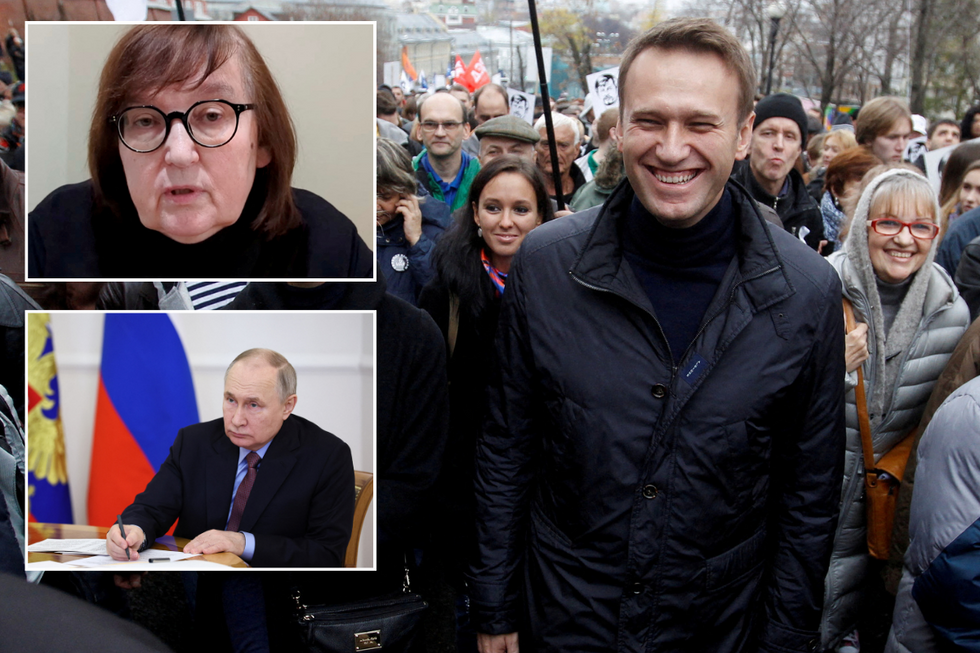 Alexei Navalny with insets of Putin and his mother Lyudimila