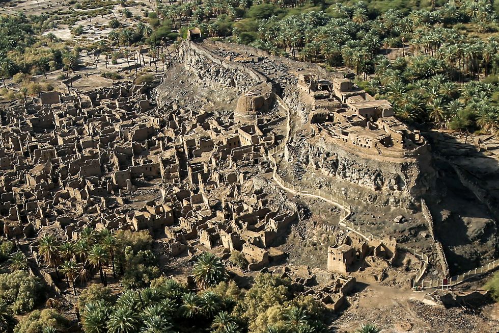 An aerial view of an old fort in the Khaybar oasis in northwestern Saudi Arabia