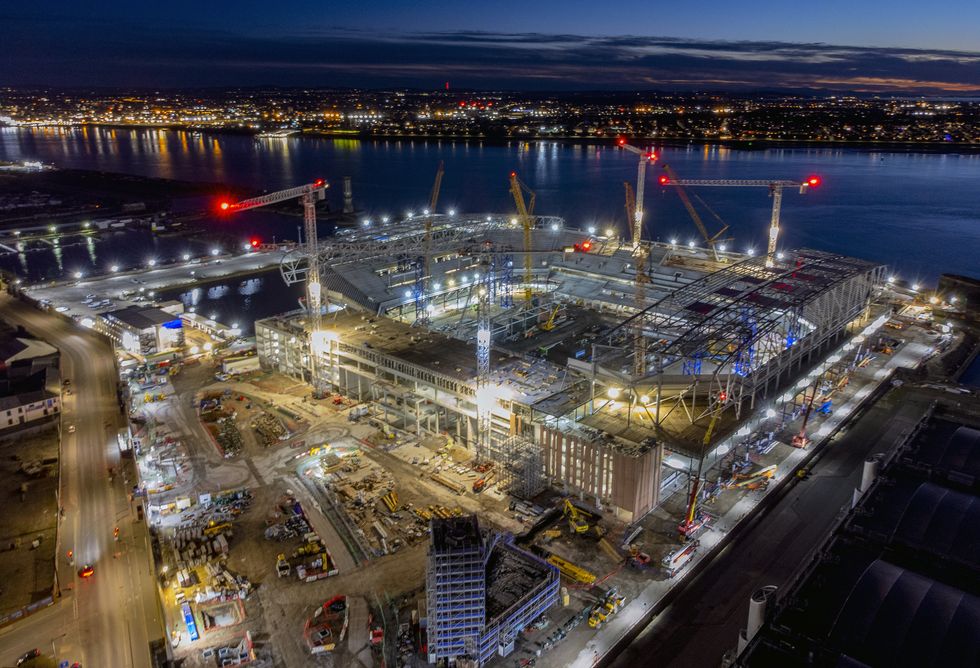 An aerial view of construction work at the site of Everton football club's new stadium being built at Bramley-Moore Dock in Liverpool