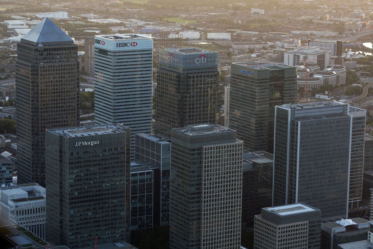 An aerial view of the offices of HSBC, Citi, JP Morgan and Barclays banks in Canary Wharf,