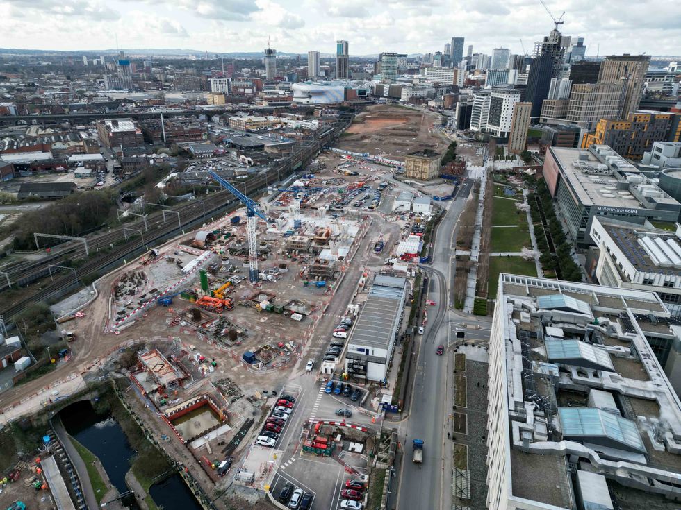 An aerial view shows the site of the Birmingham High Speed Railway construction site at Curzon Street in Birmingham, England. The Birmingham to Crewe leg of HS2 will be delayed by two years due to increasing costs. Picture date: Monday March 27, 2023.