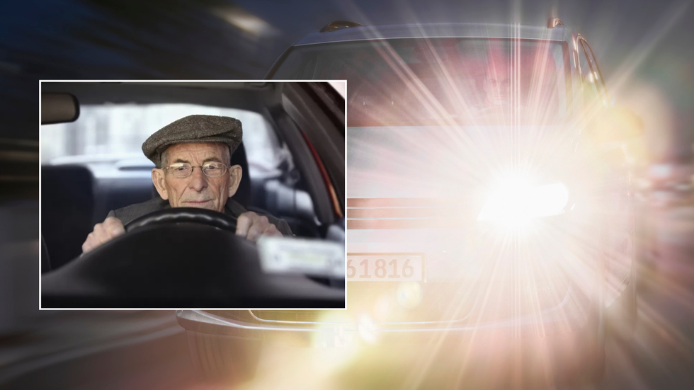 An elderly driver and dazzling headlight from a car