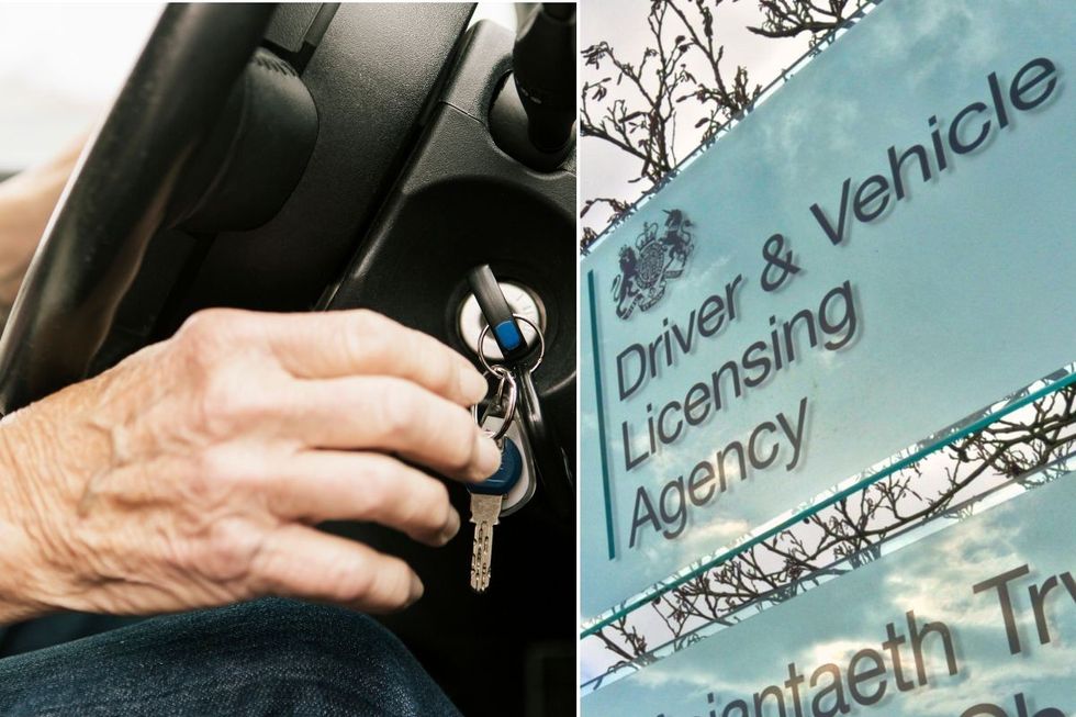 An elderly motorist driving and a DVLA sign