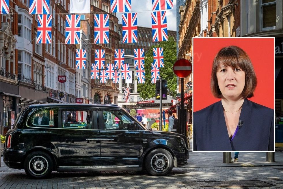 An LEVC electric taxi parked near Union Jack flags in London and Chancellor Rachel Reeves