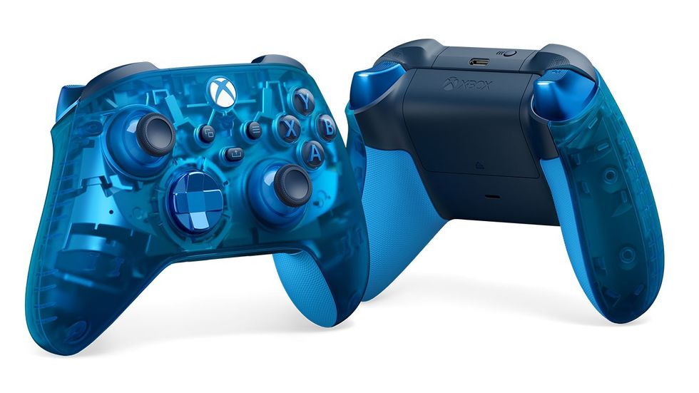 an xbox Sky Cipher Special Edition controller pictured from the front and back in the new translucent blue case