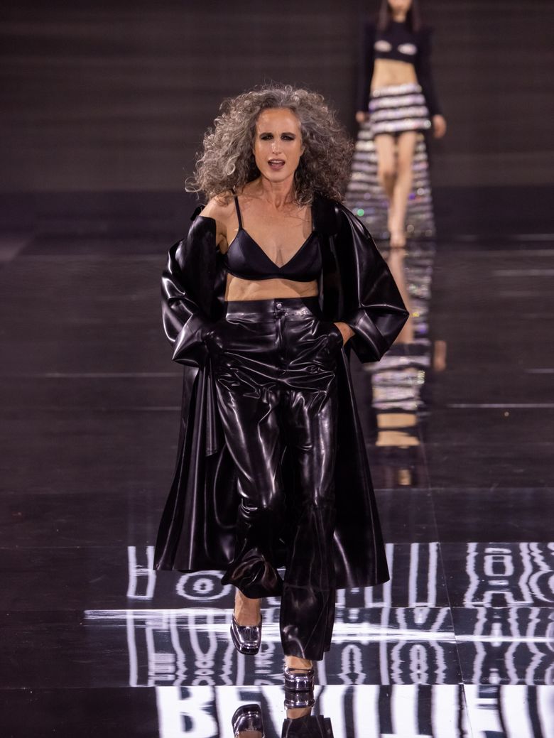 Andie MacDowell Just Walked the Runway in a Silky Black Bra Top and High-Waisted  Leather Pants