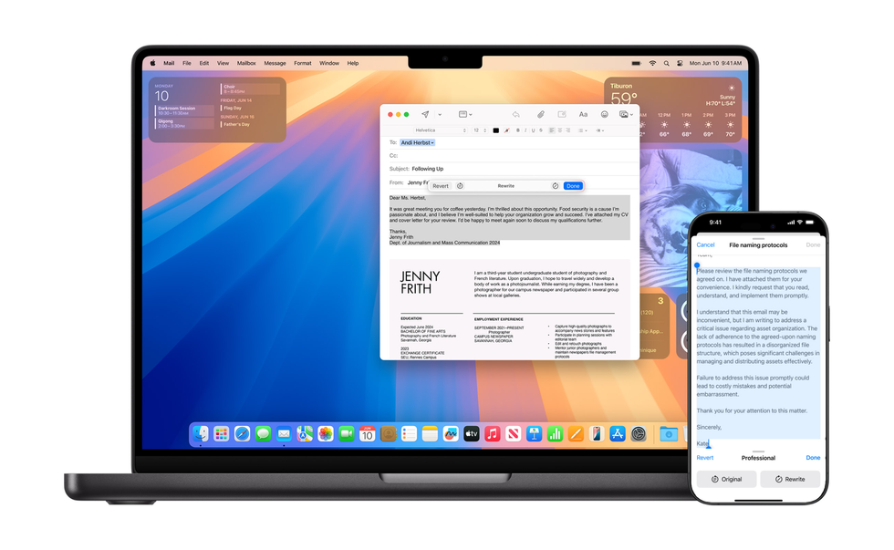 apple macbook and iphone pictured with writing tools on-screen