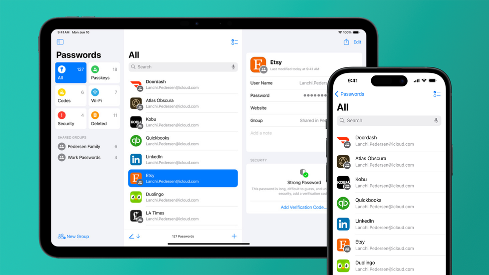 apple passwords screenshots on ipad and iphone with a turquoise background 