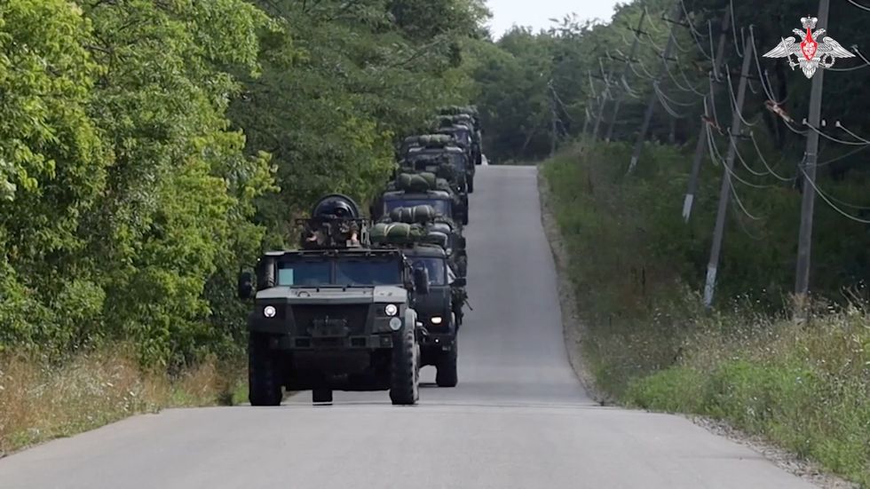 Army vehicles are seen during drills, conducted by service members of Russia's Southern and Central military districtsu200b