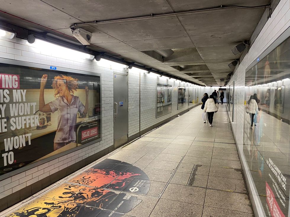 Assisted dying posters at Westminster station