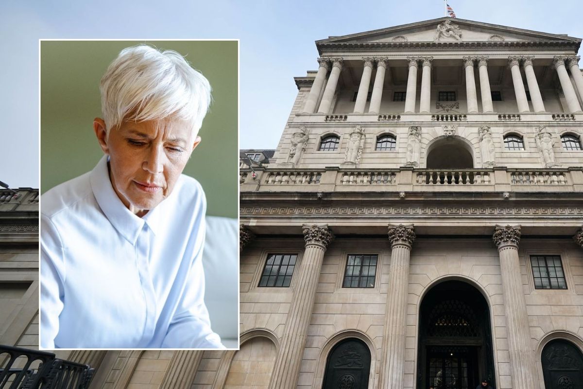 Bank of England and woman looking worried 