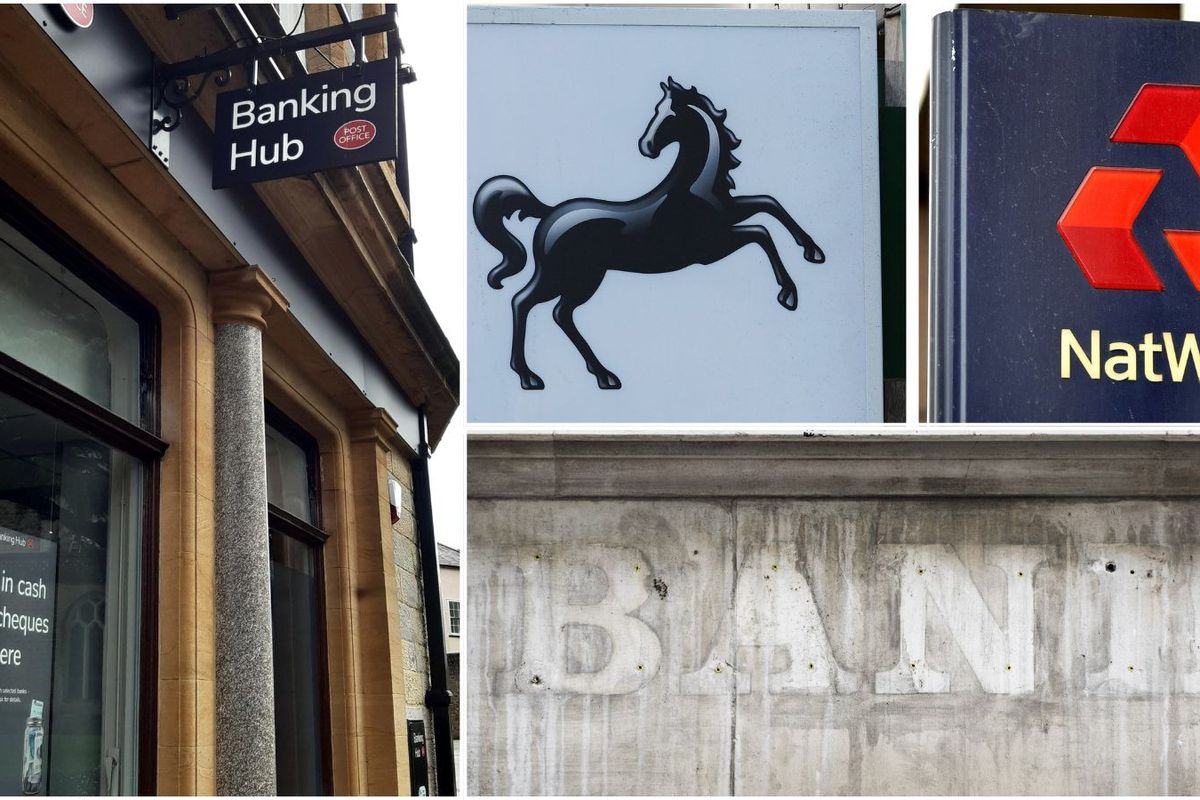 Banking hub, Lloyds sign, NatWest sign and abandoned bank sign 